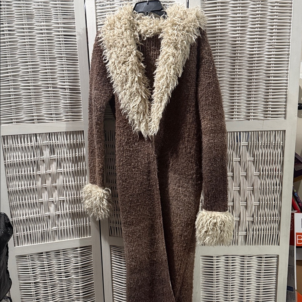 Free people Brown and Cream Long Women's Sweater Coat Womens Size Medium/Large